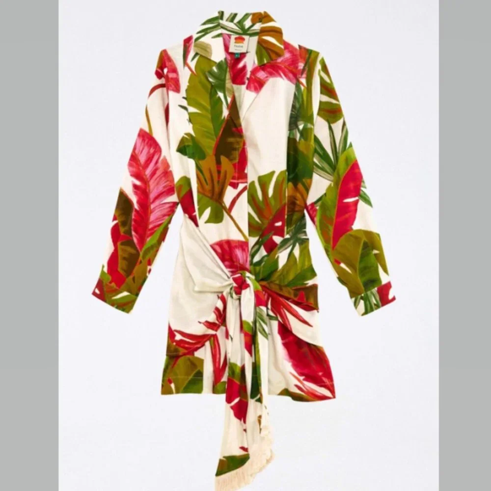 FARM Rio White Mini Dress with Green, Pink and Brown Tropical Leaves - Picture 10 of 13